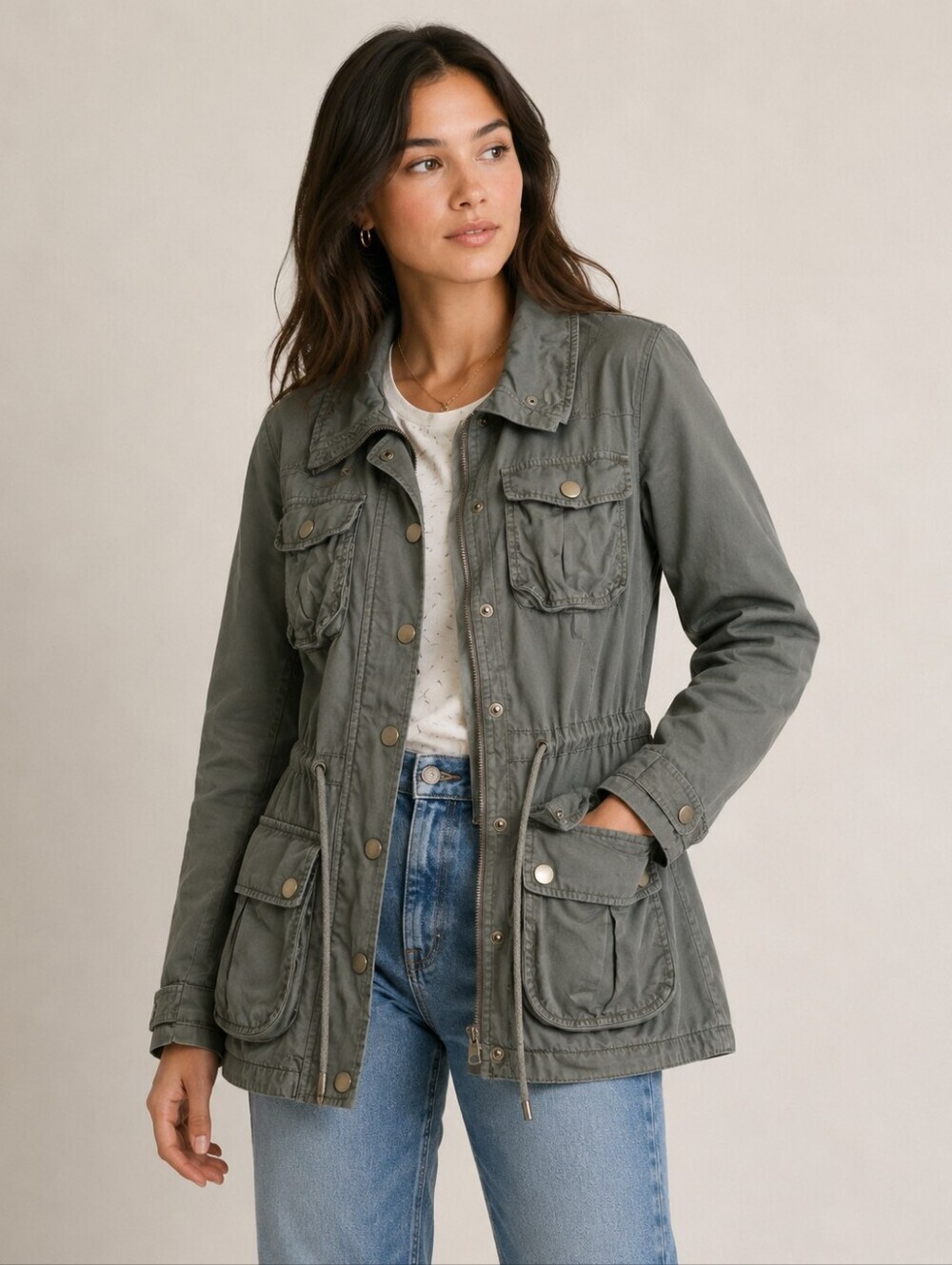 H&M Olive Utility Jacket with Front Pockets Y2k Cotton Size 2 Size Small